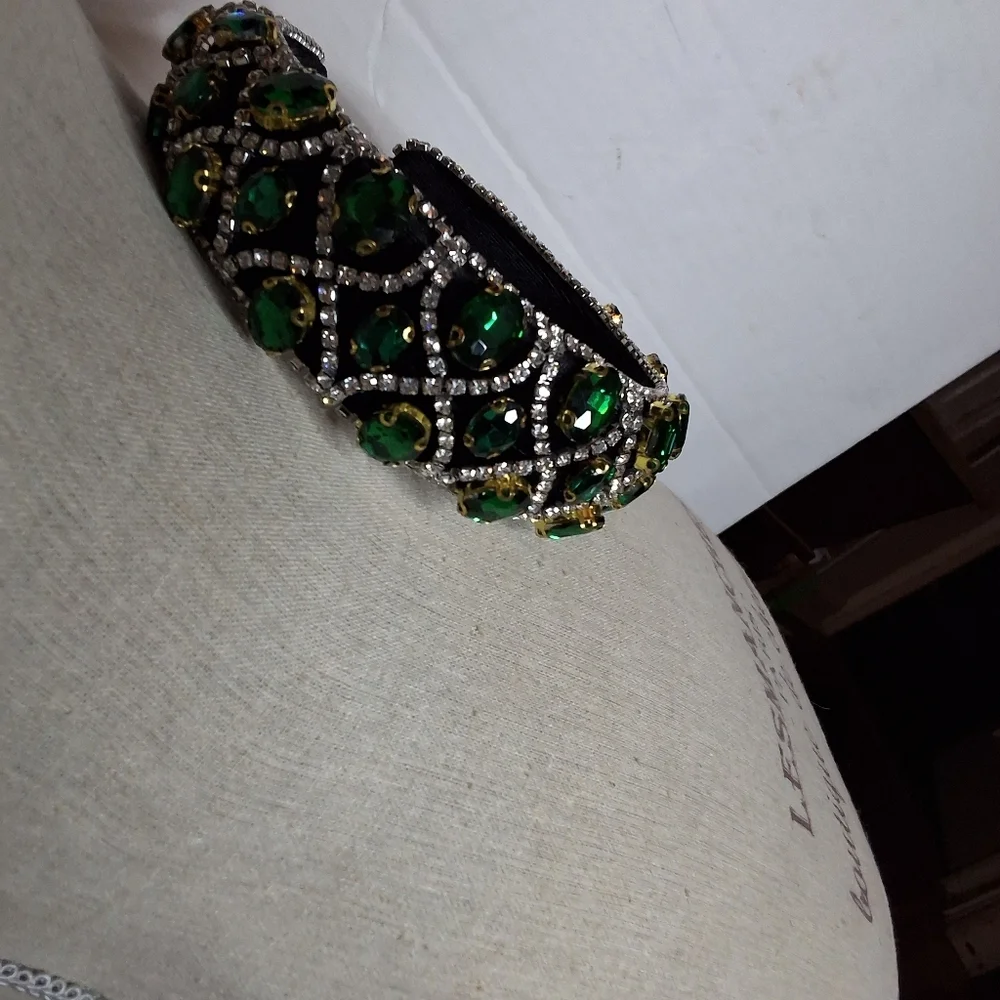 Set of 2 Jeweled Headbands Black Velvet Emerald Green Rhinestone Luxe Glam